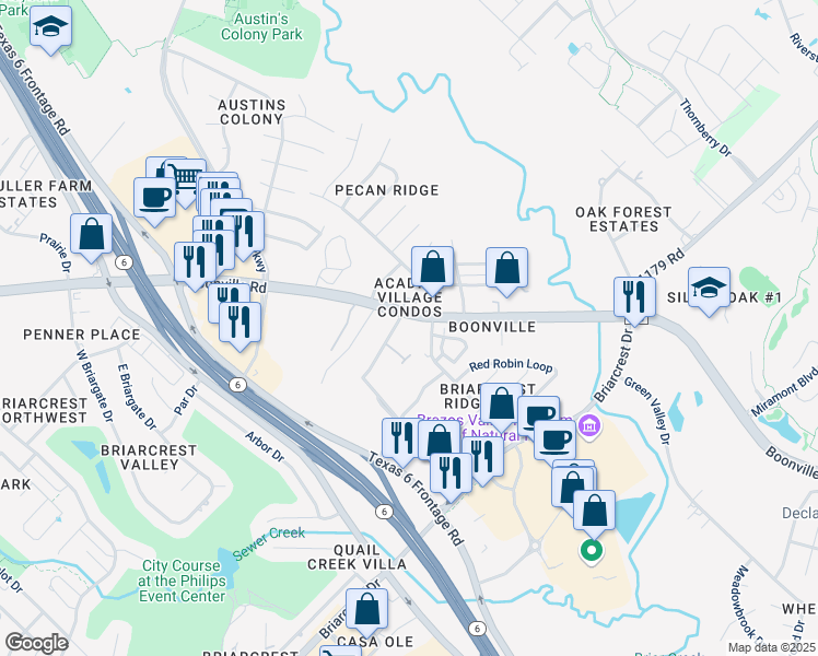 map of restaurants, bars, coffee shops, grocery stores, and more near 2510 Boonville Road in Bryan