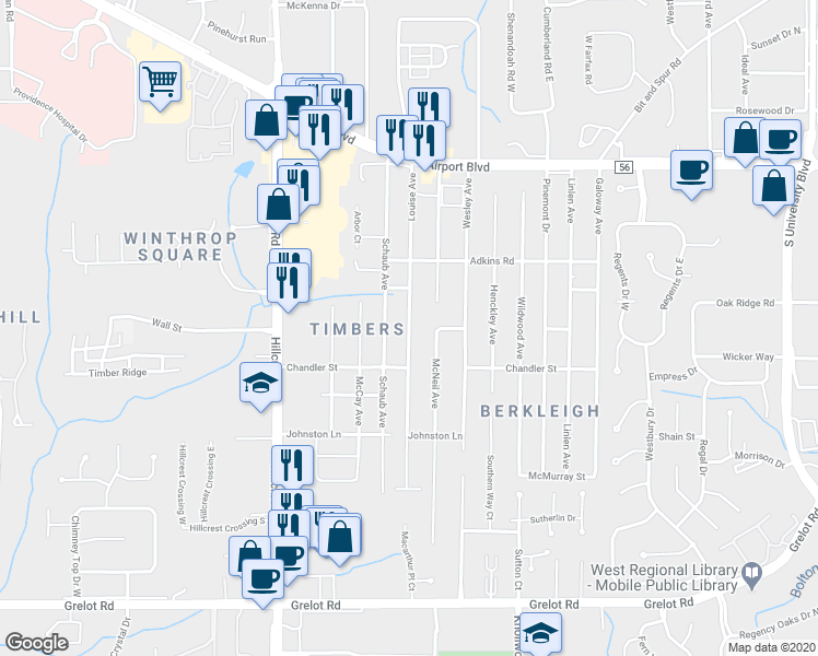 map of restaurants, bars, coffee shops, grocery stores, and more near 951 Louise Avenue in Mobile