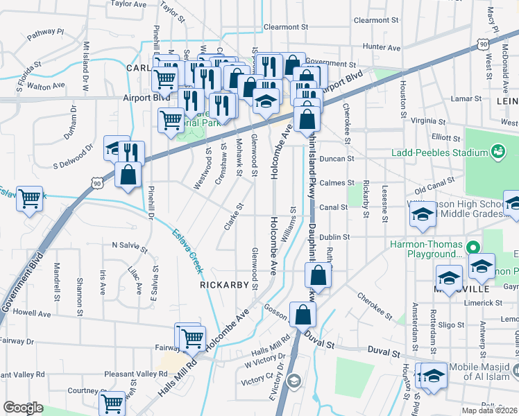 map of restaurants, bars, coffee shops, grocery stores, and more near 567 Glenwood Street in Mobile