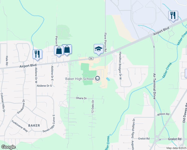 map of restaurants, bars, coffee shops, grocery stores, and more near 8903 Airport Boulevard in Mobile