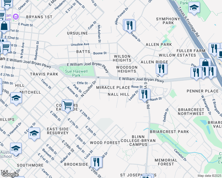 map of restaurants, bars, coffee shops, grocery stores, and more near 407 June Street in Bryan