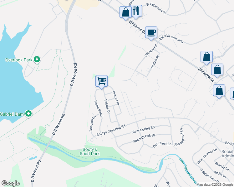 map of restaurants, bars, coffee shops, grocery stores, and more near 304 Brazos Drive in Georgetown