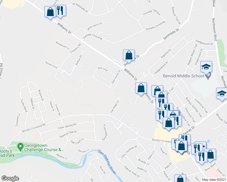 map of restaurants, bars, coffee shops, grocery stores, and more near 304 Axis Loop in Georgetown