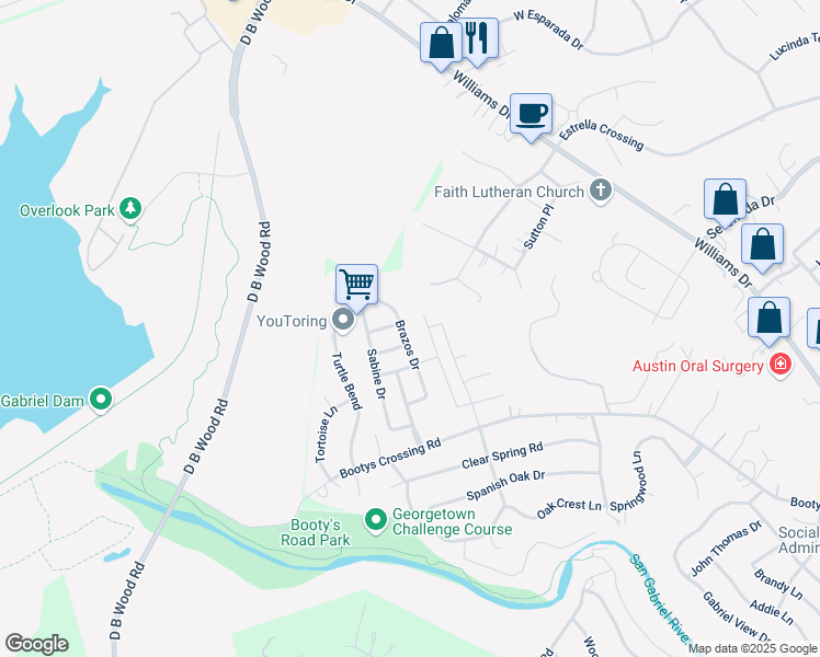 map of restaurants, bars, coffee shops, grocery stores, and more near 304 Brazos Drive in Georgetown