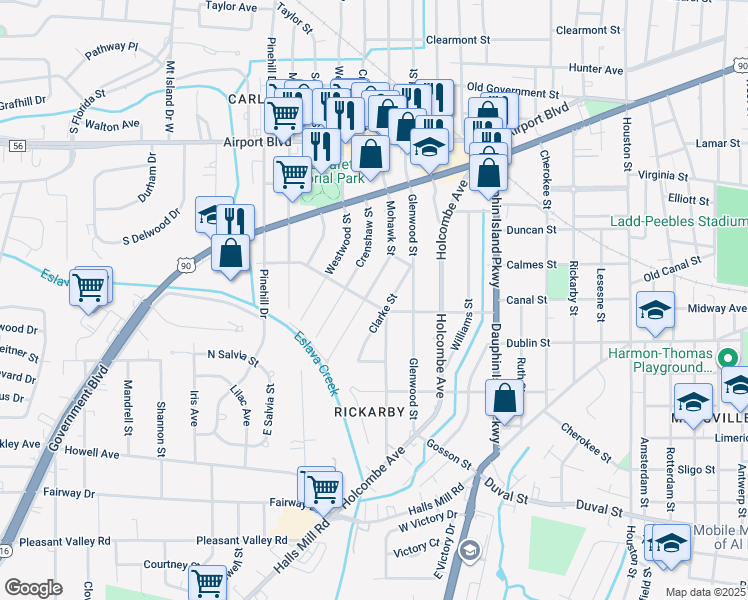 map of restaurants, bars, coffee shops, grocery stores, and more near 574 Clarke Street in Mobile