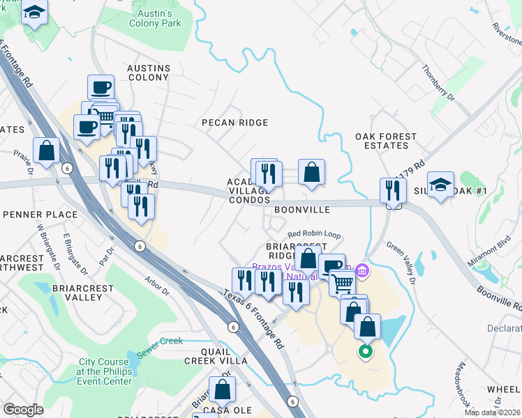 map of restaurants, bars, coffee shops, grocery stores, and more near 2700 Wildflower Drive in Bryan