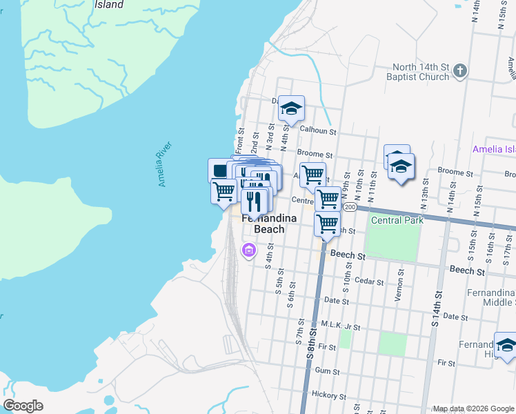 map of restaurants, bars, coffee shops, grocery stores, and more near 19 South 3rd Street in Fernandina Beach