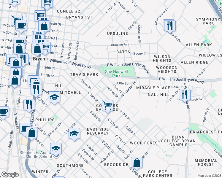 map of restaurants, bars, coffee shops, grocery stores, and more near 1305 Antone Street in Bryan