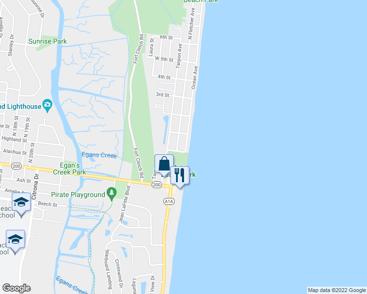 map of restaurants, bars, coffee shops, grocery stores, and more near 335 Ocean Avenue in Fernandina Beach
