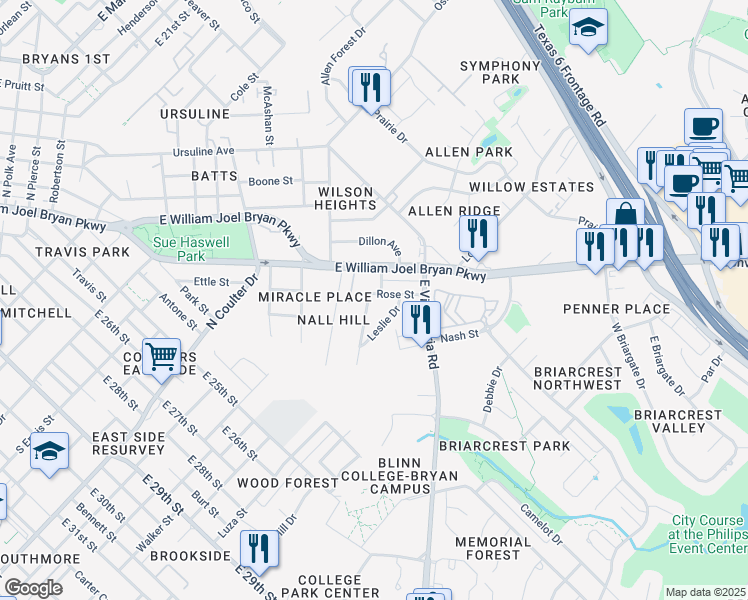 map of restaurants, bars, coffee shops, grocery stores, and more near 1801 Rose Street in Bryan