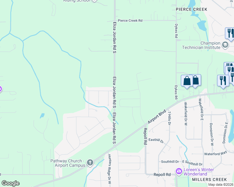 map of restaurants, bars, coffee shops, grocery stores, and more near Eliza Jordan Road South in Mobile