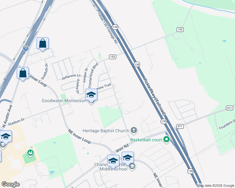 map of restaurants, bars, coffee shops, grocery stores, and more near 1017 Trail Driver Cove in Georgetown