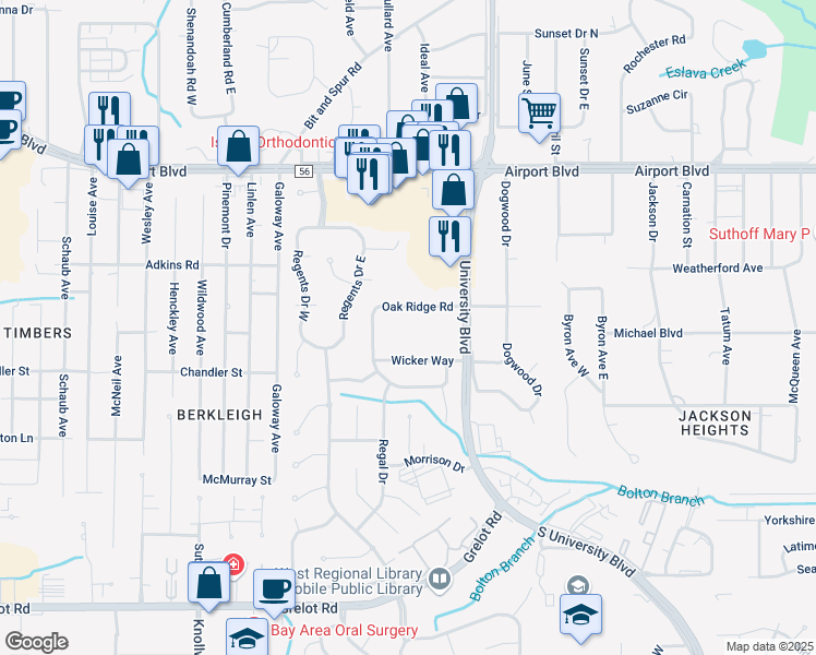 map of restaurants, bars, coffee shops, grocery stores, and more near 4685 Oak Ridge Road in Mobile