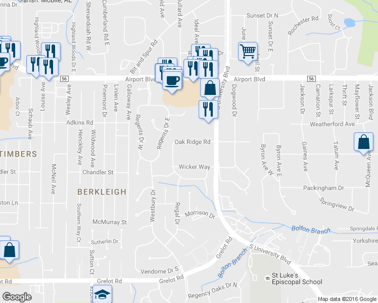 map of restaurants, bars, coffee shops, grocery stores, and more near 4685 Oak Ridge Road in Mobile