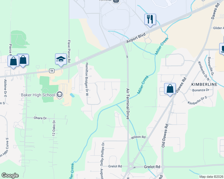 map of restaurants, bars, coffee shops, grocery stores, and more near Tudor Lane in Mobile