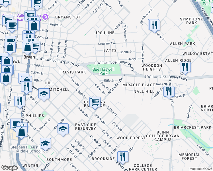 map of restaurants, bars, coffee shops, grocery stores, and more near 1412 Park Street in Bryan