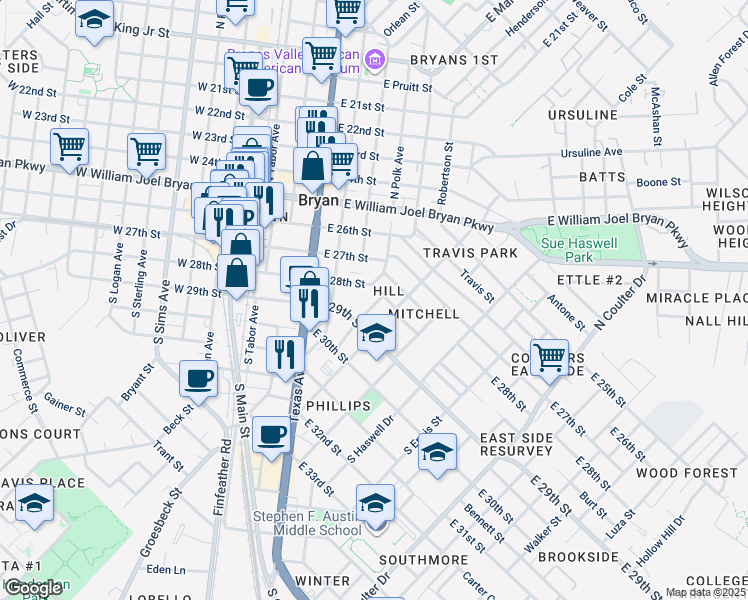 map of restaurants, bars, coffee shops, grocery stores, and more near 404 Hill Street in Bryan