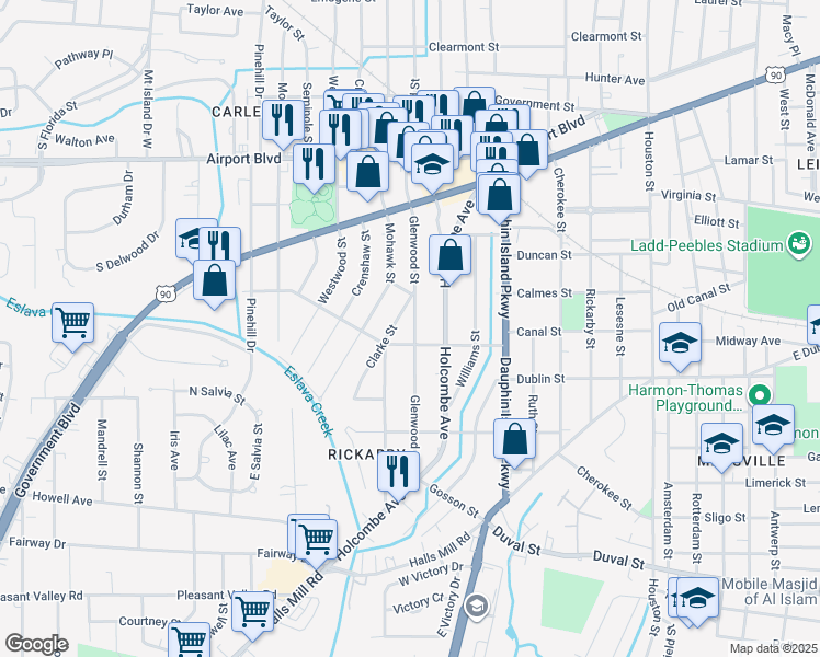 map of restaurants, bars, coffee shops, grocery stores, and more near 567 Glenwood Street in Mobile