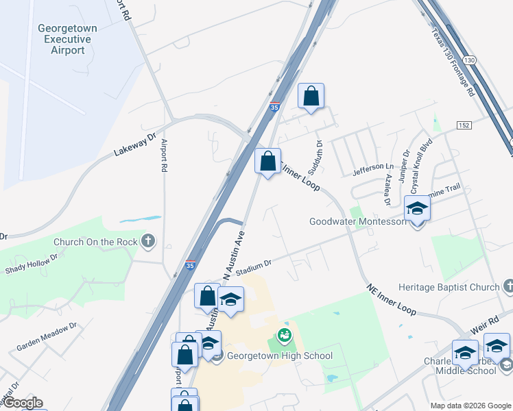 map of restaurants, bars, coffee shops, grocery stores, and more near 2701 North Austin Avenue in Georgetown