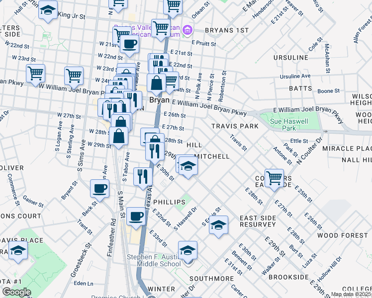 map of restaurants, bars, coffee shops, grocery stores, and more near in Bryan