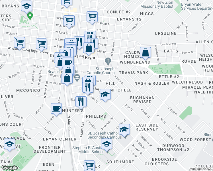 map of restaurants, bars, coffee shops, grocery stores, and more near 402 Hill Street in Bryan