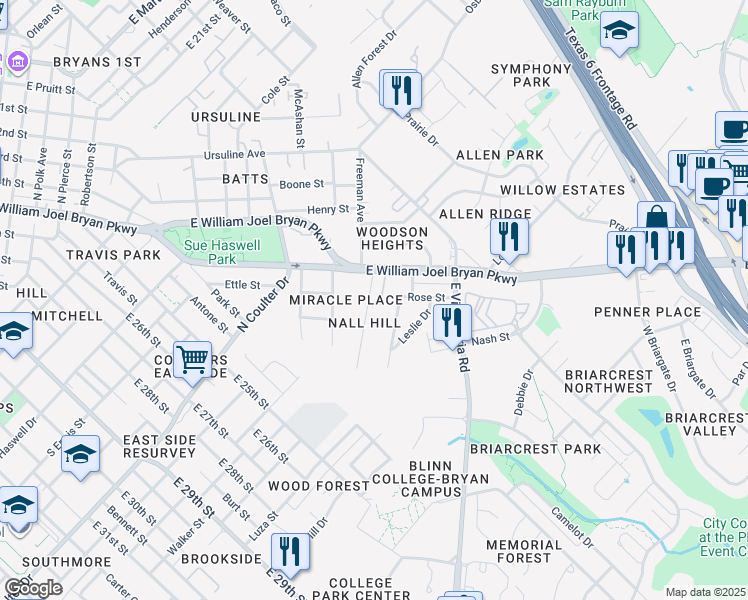 map of restaurants, bars, coffee shops, grocery stores, and more near 308 Emmett Street in Bryan