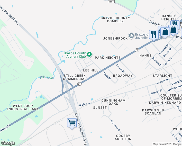 map of restaurants, bars, coffee shops, grocery stores, and more near 2714 Texas 21 in Bryan