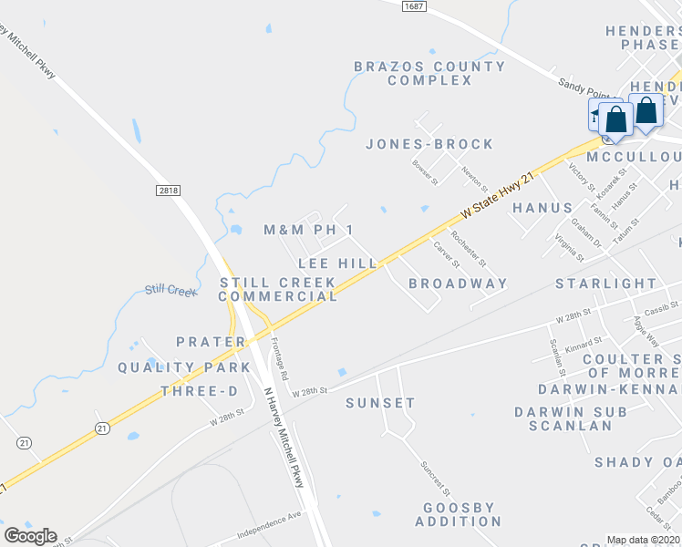 map of restaurants, bars, coffee shops, grocery stores, and more near 2714 Texas 21 in Bryan