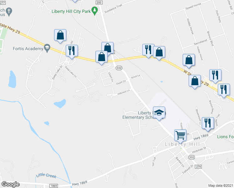 map of restaurants, bars, coffee shops, grocery stores, and more near 150 Hillcrest Lane in Liberty Hill