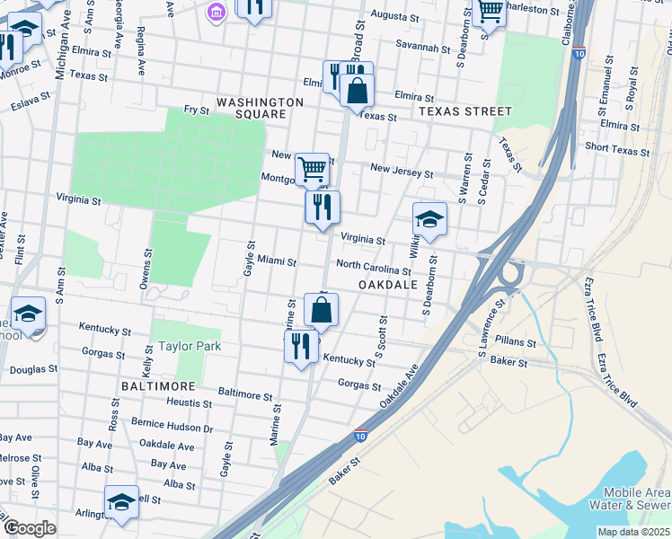 map of restaurants, bars, coffee shops, grocery stores, and more near 810 South Carolina Street in Mobile