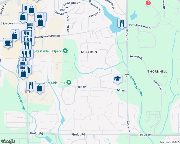 map of restaurants, bars, coffee shops, grocery stores, and more near 7380 Hitt Road in Mobile