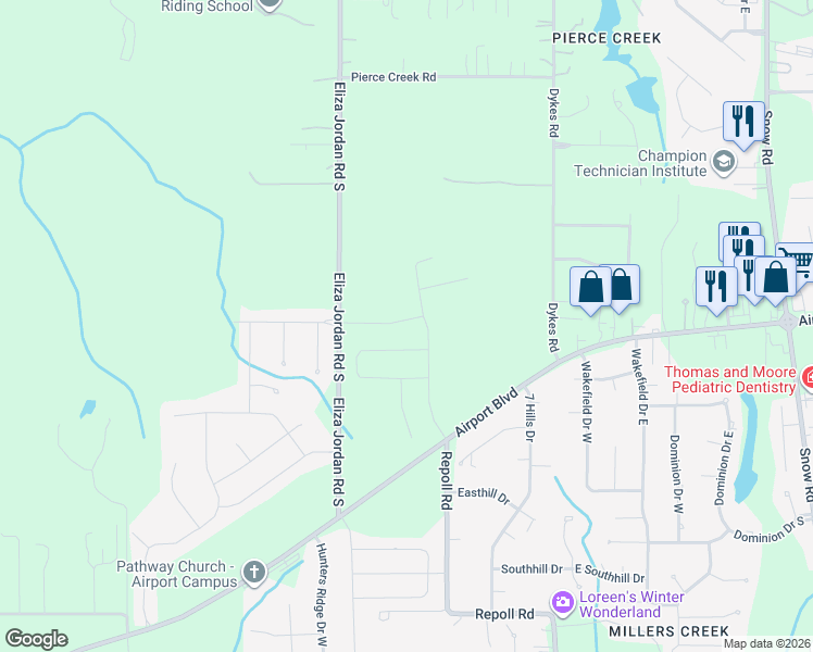map of restaurants, bars, coffee shops, grocery stores, and more near 10350 Airport Boulevard in Mobile