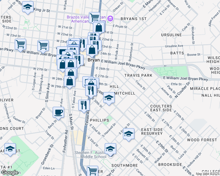 map of restaurants, bars, coffee shops, grocery stores, and more near in Bryan