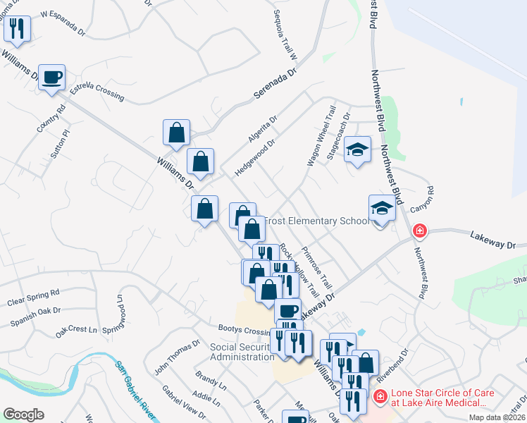 map of restaurants, bars, coffee shops, grocery stores, and more near 301 Wagon Wheel Trail in Georgetown