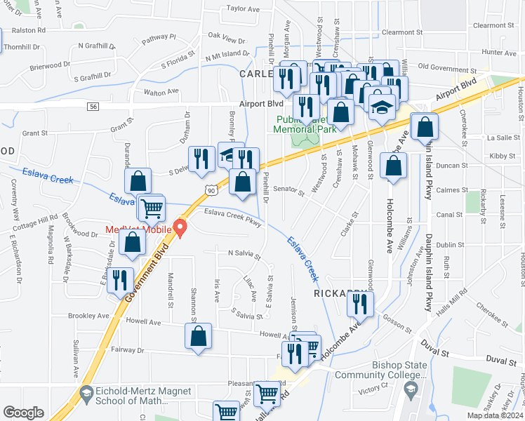 map of restaurants, bars, coffee shops, grocery stores, and more near 464 Pinehill Drive in Mobile