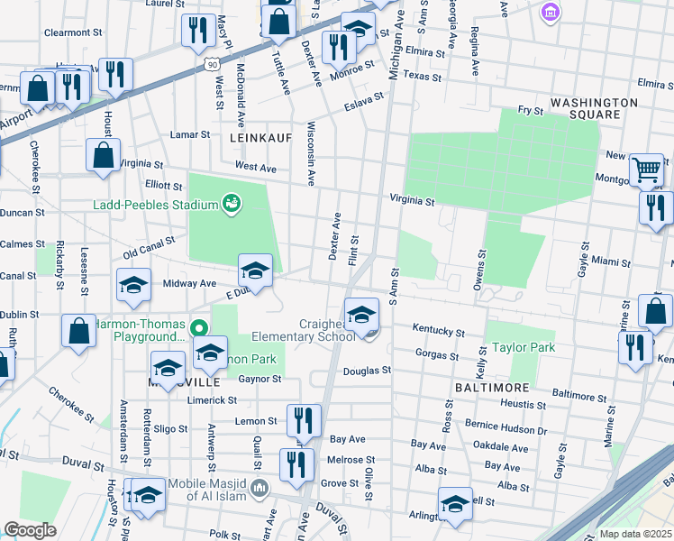 map of restaurants, bars, coffee shops, grocery stores, and more near 611 Dexter Avenue in Mobile