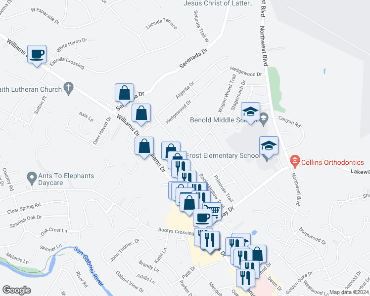 map of restaurants, bars, coffee shops, grocery stores, and more near 3503 Rocky Hollow Trail in Georgetown