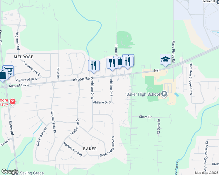 map of restaurants, bars, coffee shops, grocery stores, and more near 918 Abilene Drive East in Mobile