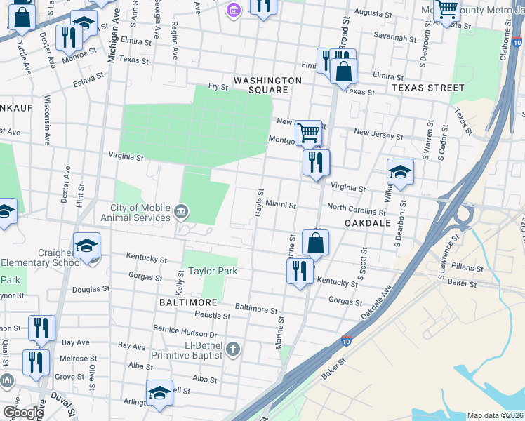 map of restaurants, bars, coffee shops, grocery stores, and more near 807 Gayle Street in Mobile