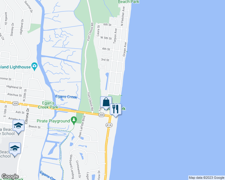 map of restaurants, bars, coffee shops, grocery stores, and more near 337 North Fletcher Avenue in Fernandina Beach