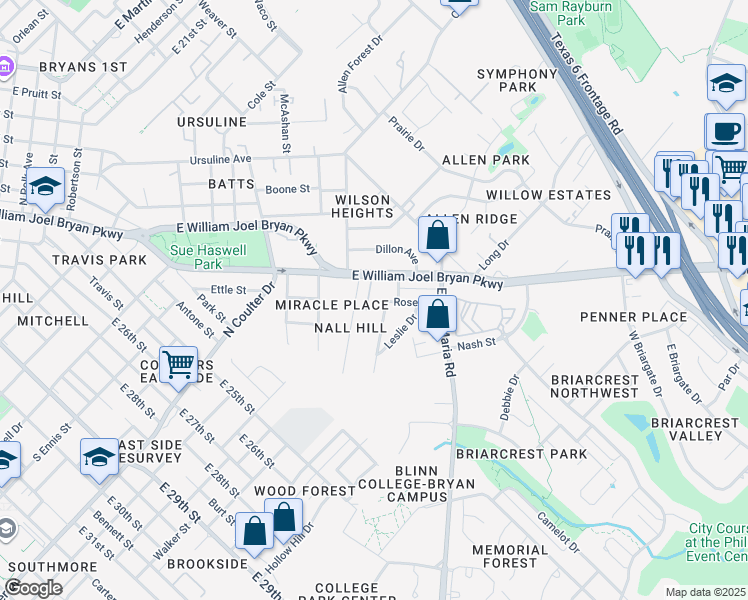 map of restaurants, bars, coffee shops, grocery stores, and more near 1801 Rose Street in Bryan