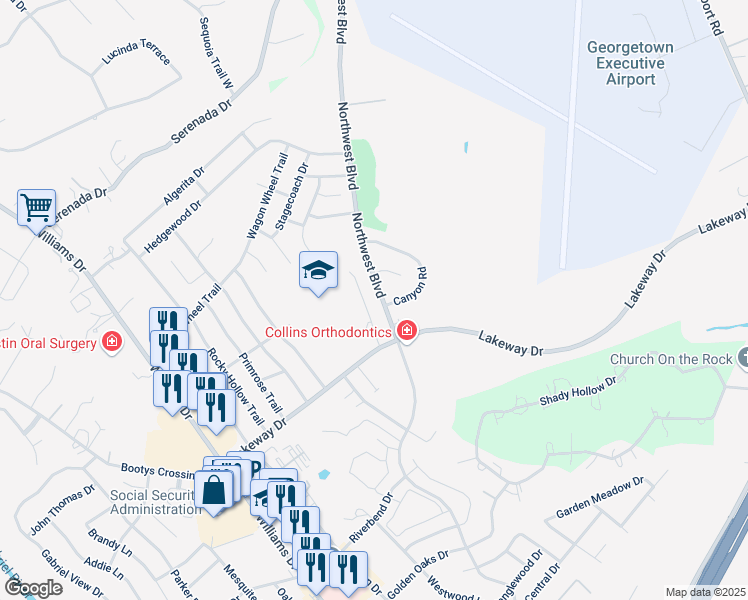 map of restaurants, bars, coffee shops, grocery stores, and more near 711 Lakeway Drive in Georgetown