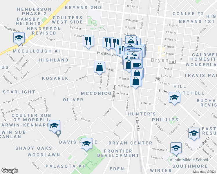 map of restaurants, bars, coffee shops, grocery stores, and more near 409 West 29th Street in Bryan