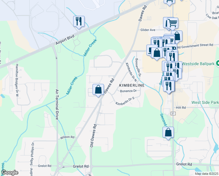 map of restaurants, bars, coffee shops, grocery stores, and more near 917 Dawes Road in Mobile
