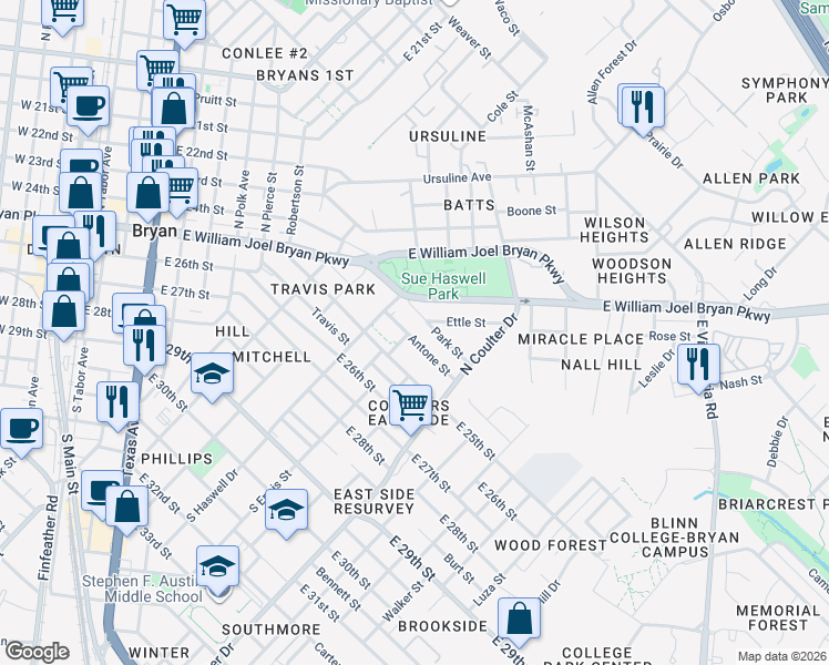 map of restaurants, bars, coffee shops, grocery stores, and more near 1300 Antone Street in Bryan