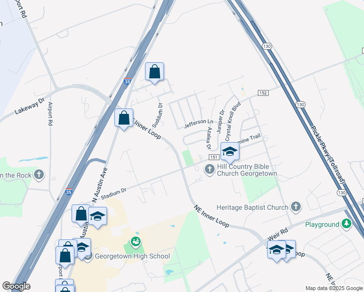 map of restaurants, bars, coffee shops, grocery stores, and more near 202 Evergreen Circle in Georgetown