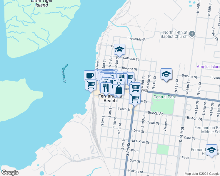map of restaurants, bars, coffee shops, grocery stores, and more near 20 South 4th Street in Fernandina Beach