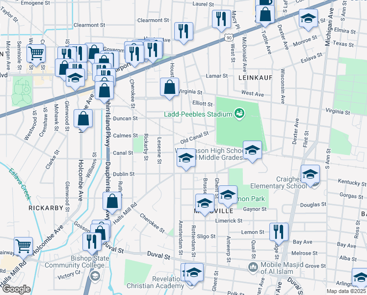 map of restaurants, bars, coffee shops, grocery stores, and more near 927 Sunset Avenue in Mobile