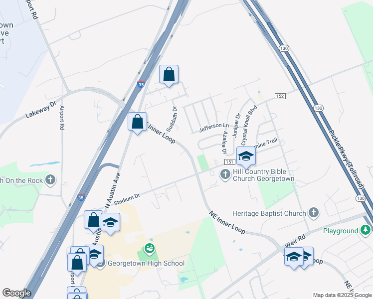 map of restaurants, bars, coffee shops, grocery stores, and more near 202 Evergreen Circle in Georgetown
