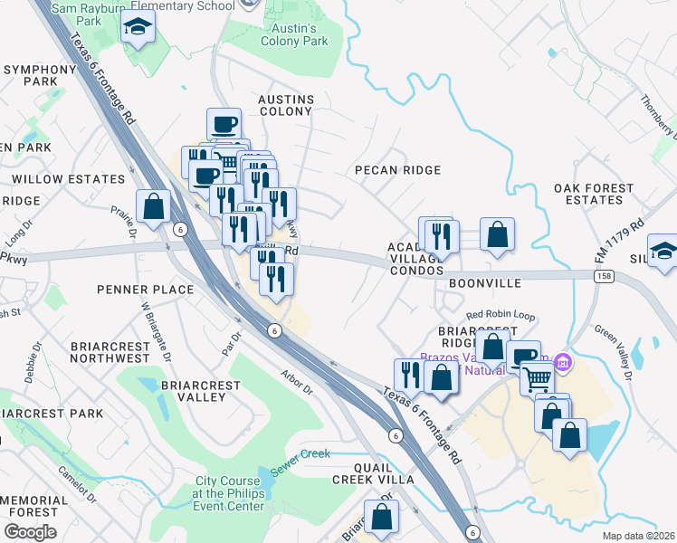 map of restaurants, bars, coffee shops, grocery stores, and more near 2422 Boonville Road in Bryan